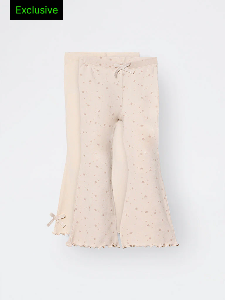 2-Pack HOP Kids Girls Beige Printed High-Rise Cotton-Blend Bootcut Pants - Exclusive