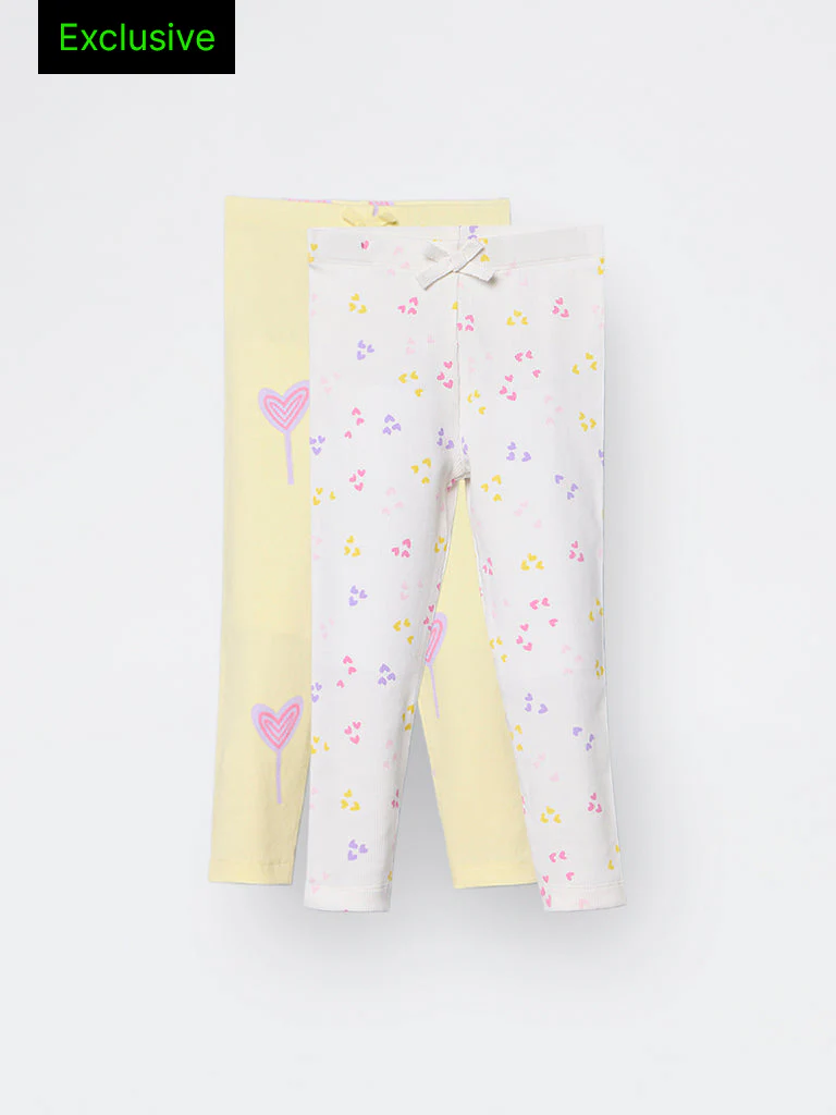 2-Pack HOP Kids Girls Yellow Printed High-Rise Cotton-Blend Pants - Exclusive