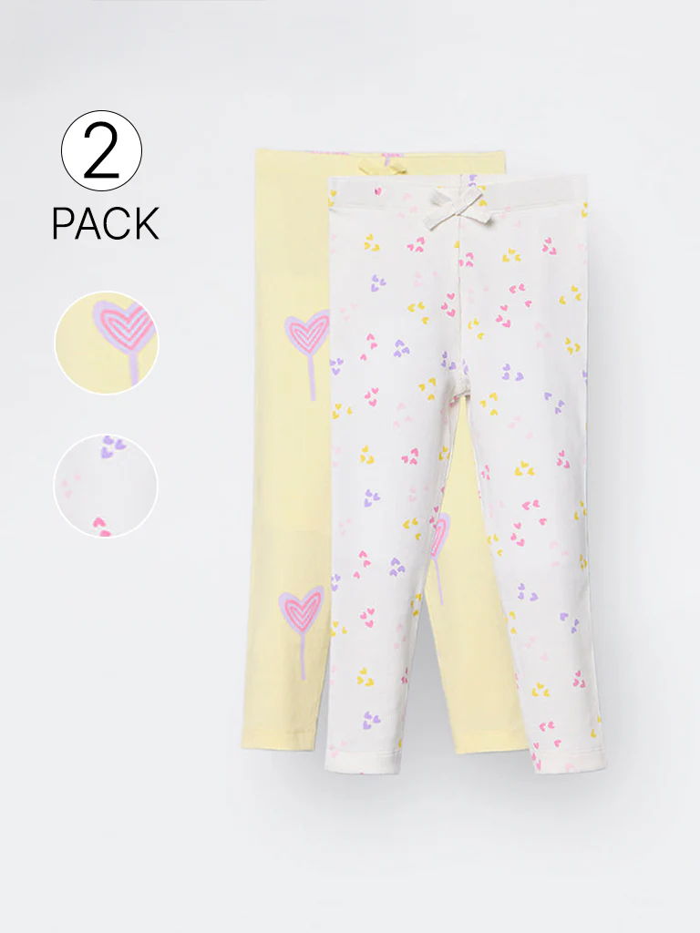2-Pack HOP Kids Girls Yellow Printed High-Rise Cotton-Blend Pants - Exclusive - Image 3
