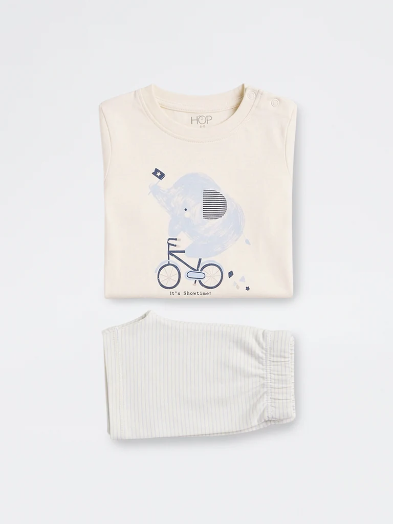 2-Piece HOP Baby Boys Off-White Animal Printed Cotton Set - Image 4