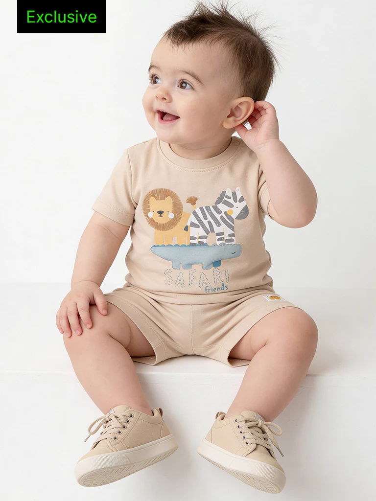 2-Piece HOP Baby Boys Taupe Animal Printed Cotton Set