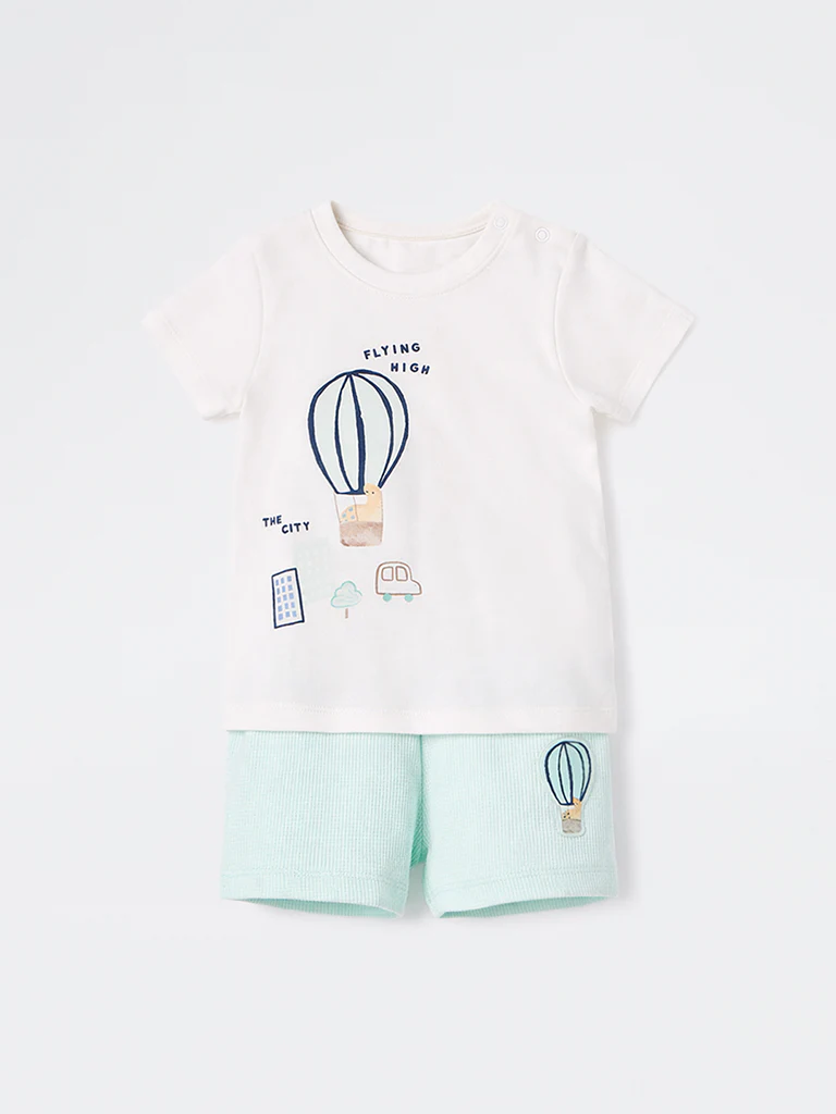 2-Piece HOP Baby Boys White Printed Cotton Set - Image 2