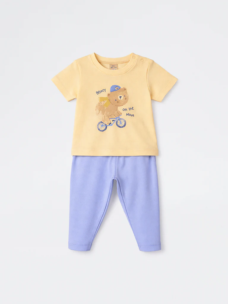 2-Piece HOP Baby Boys Yellow Bear Printed Cotton Set - Image 2