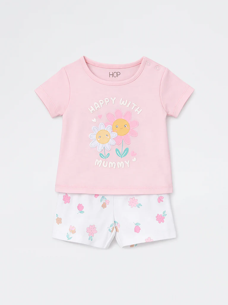 2-Piece HOP Baby Girls Pink Floral Printed Cotton Set - Image 2