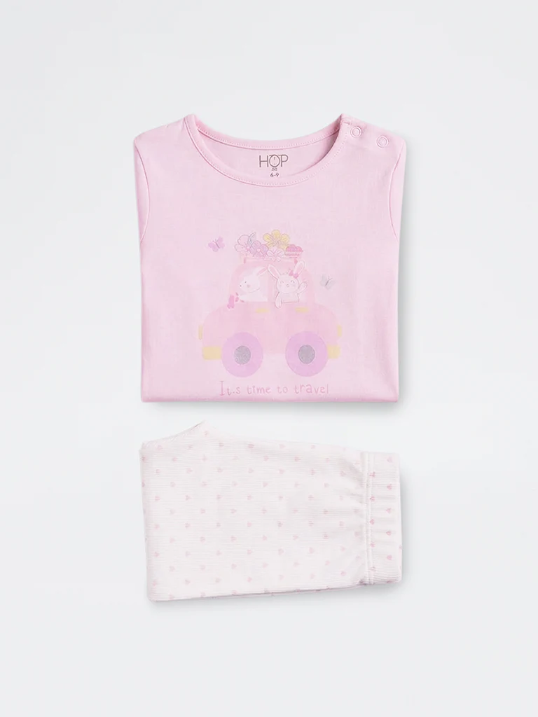 2-Piece HOP Baby Girls Pink Printed Cotton Set - Image 4