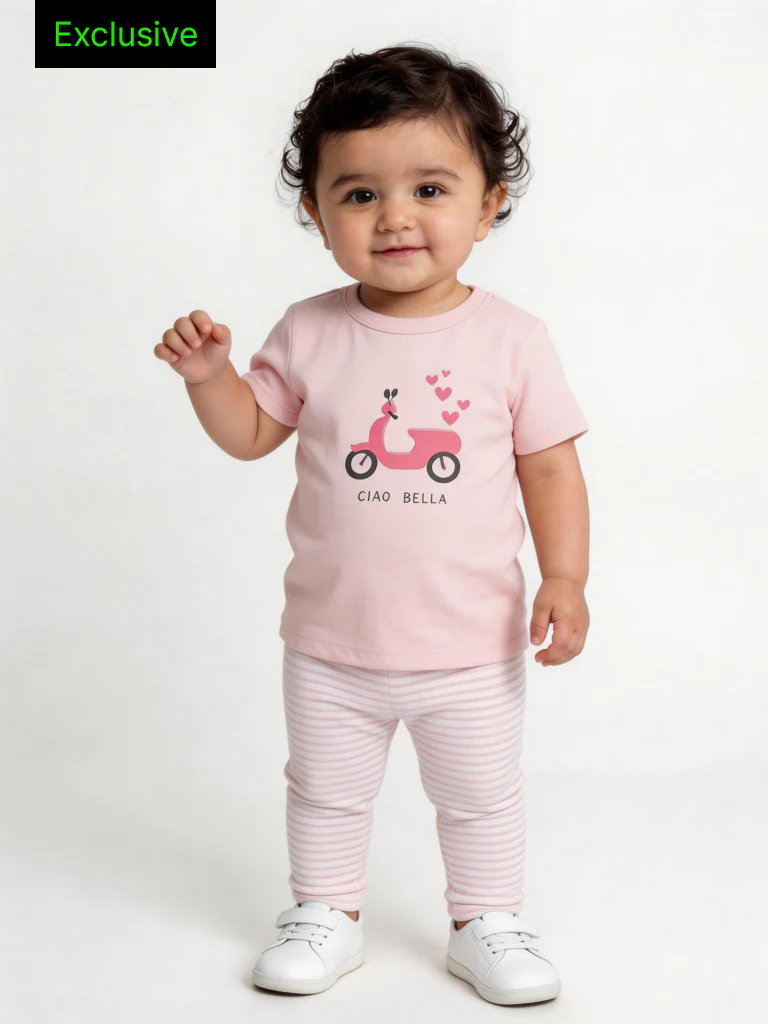 2-Piece HOP Baby Girls Pink Scooter Printed Cotton Set