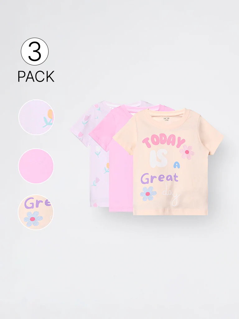 3-Pack HOP Kids Girls Light Pink Printed Cotton T-Shirts - Exclusive - Image 4