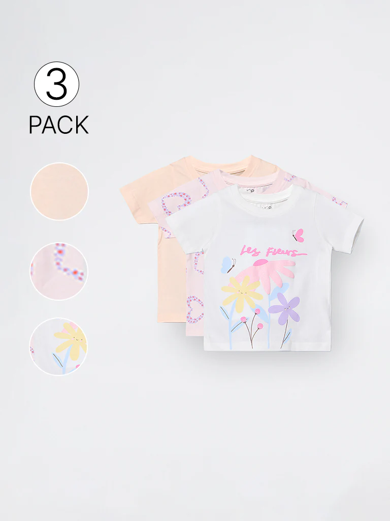 3-Pack HOP Kids Girls Multicolour Print Cotton T-Shirts - Exclusive - Image 3