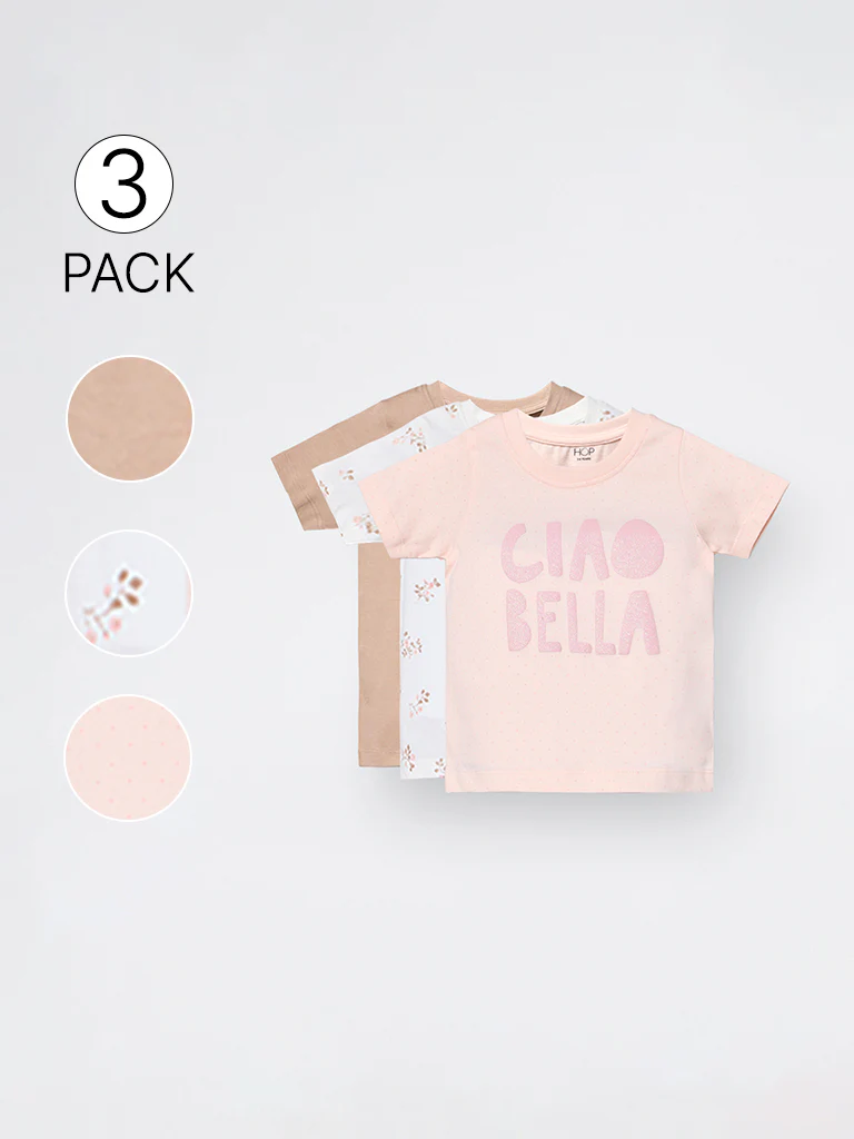 3-Pack HOP Kids Girls Peach Printed Cotton T-Shirts - Exclusive - Image 4