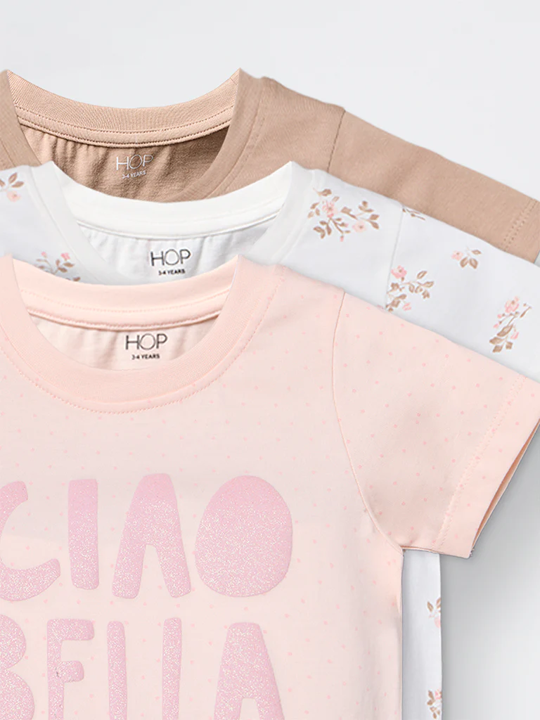 3-Pack HOP Kids Girls Peach Printed Cotton T-Shirts - Exclusive - Image 6