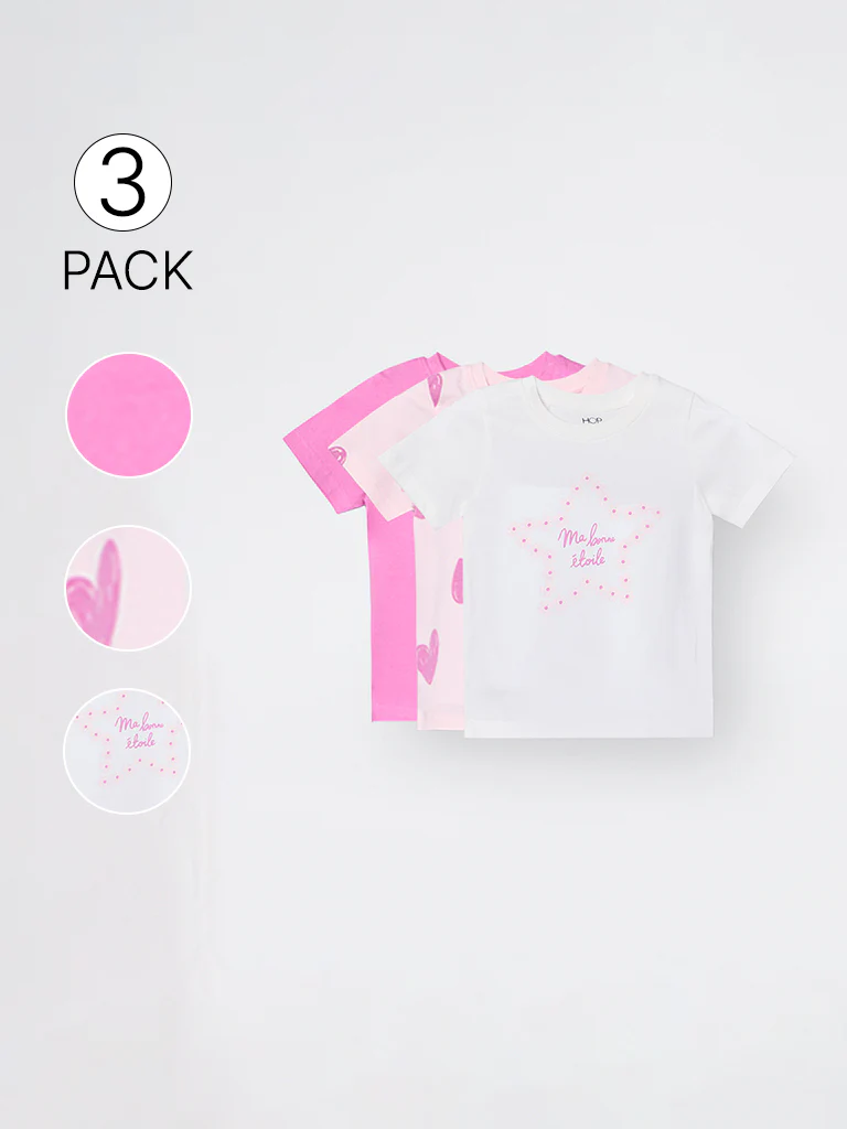 3-Pack HOP Kids Girls Pink Printed Cotton T-Shirts - Exclusive - Image 4
