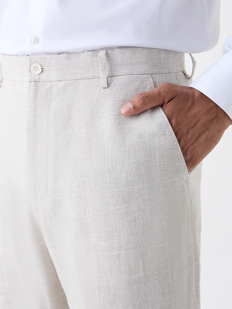Ascot Beige Checked Relaxed-Fit Mid-Rise Linen Trousers - Image 3
