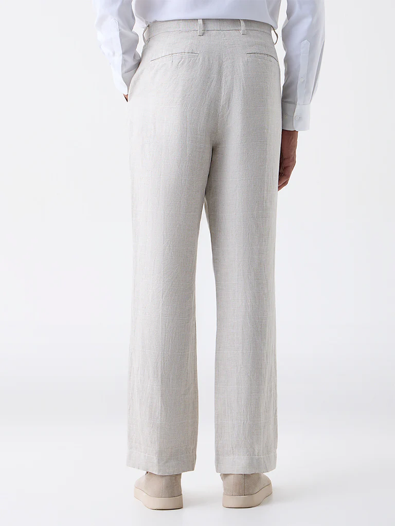 Ascot Beige Checked Relaxed-Fit Mid-Rise Linen Trousers - Image 4