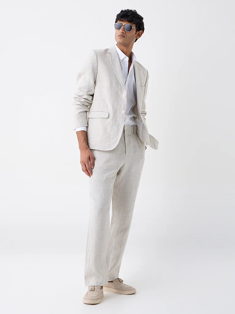 Ascot Beige Checkered Relaxed-Fit Linen Blazer