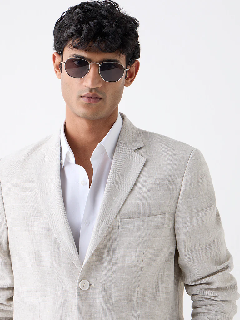 Ascot Beige Checkered Relaxed-Fit Linen Blazer - Image 3