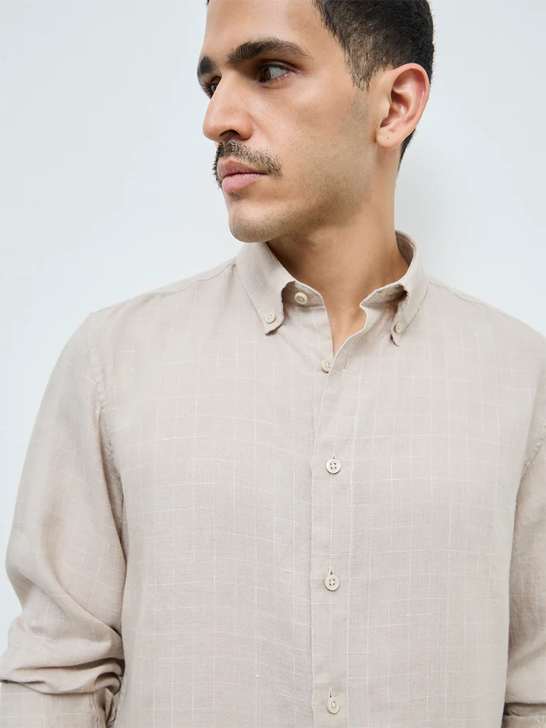 Ascot Beige Checks Pattern Relaxed-Fit Linen Shirt - Image 3