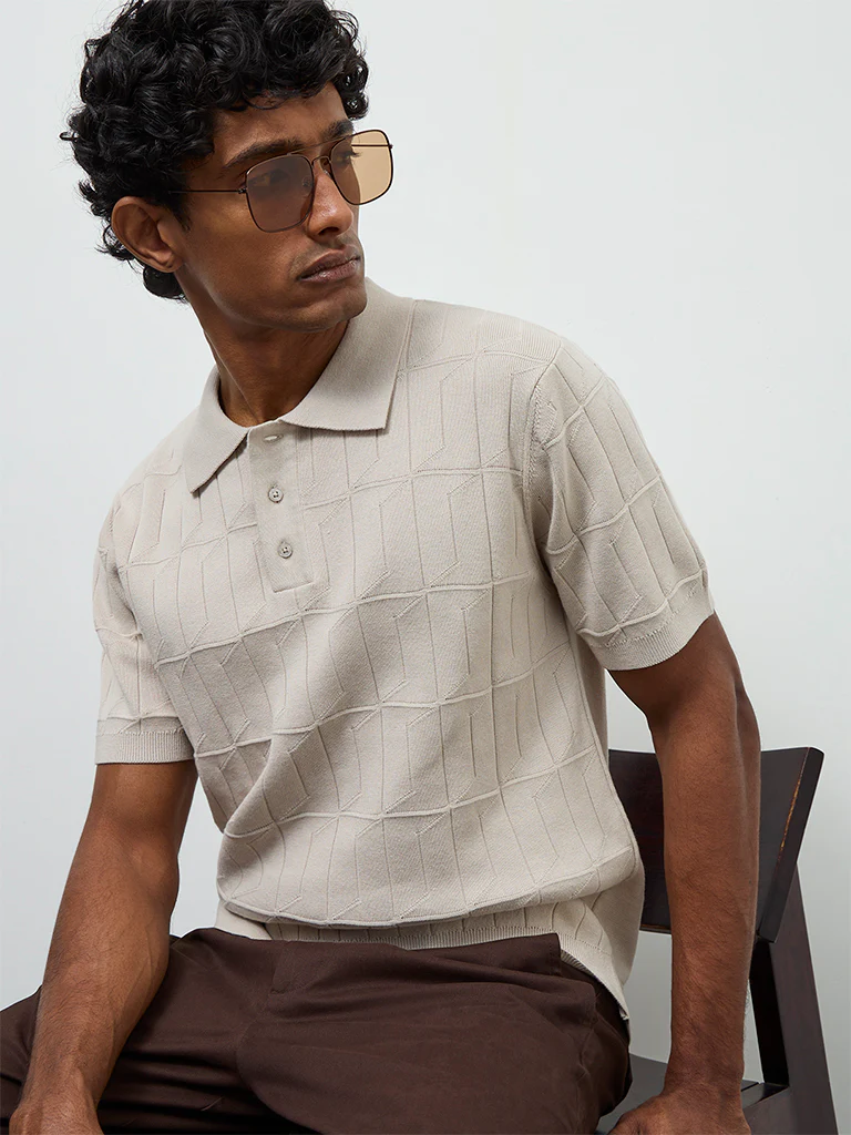 Ascot Beige Knit-Textured Relaxed-Fit Cotton Polo T-Shirt