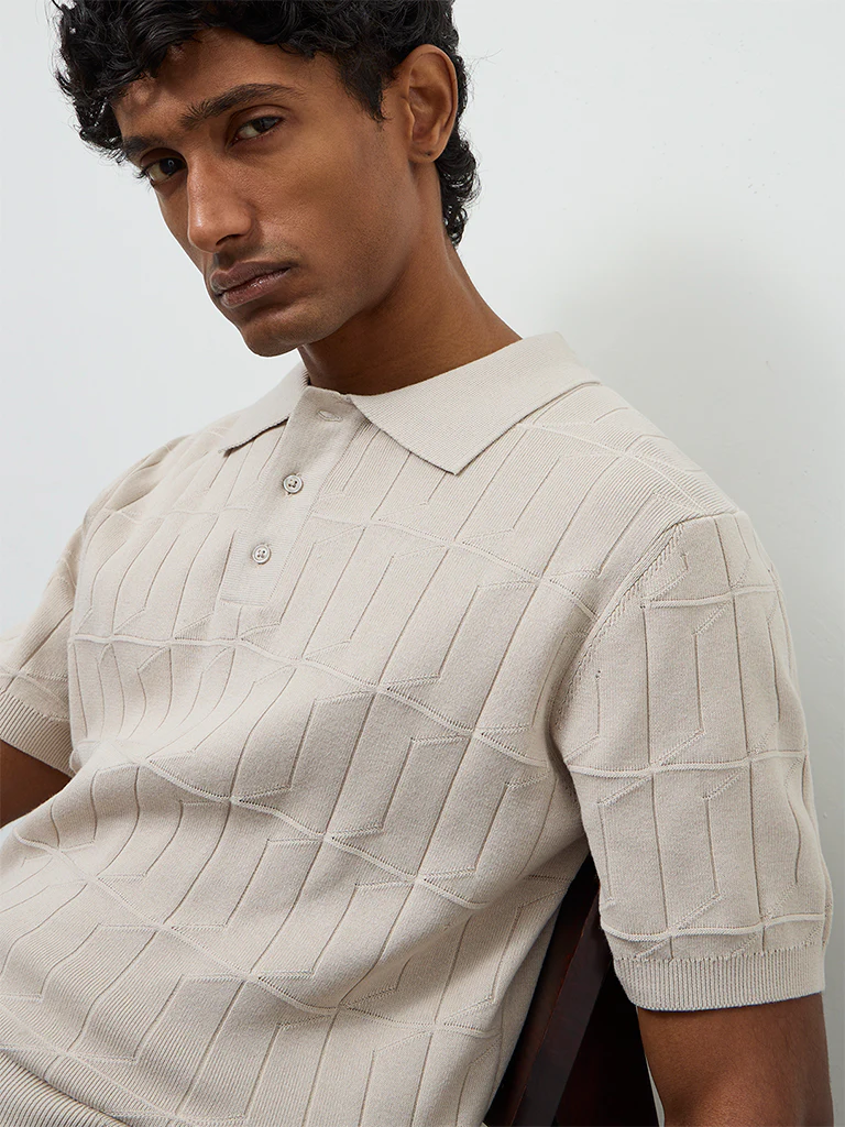 Ascot Beige Knit-Textured Relaxed-Fit Cotton Polo T-Shirt - Image 4