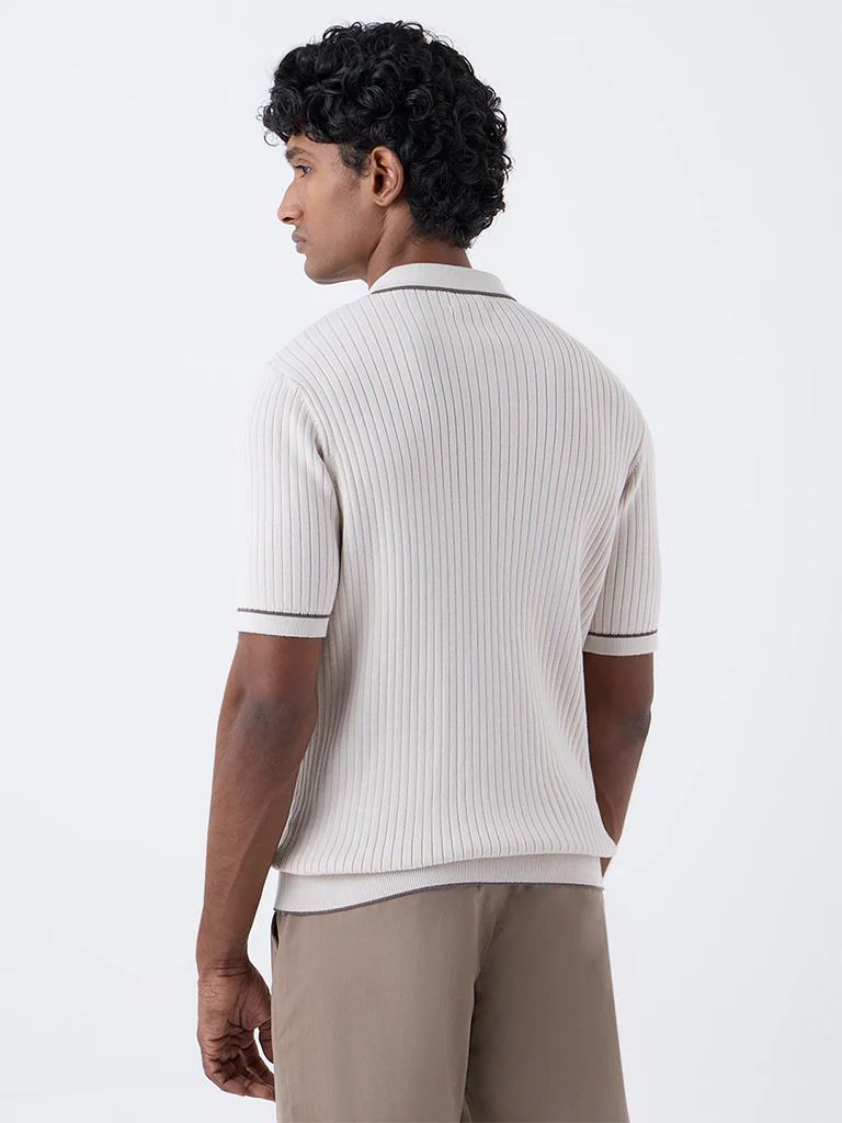 Ascot Beige Self-Stripe Relaxed-Fit Cotton-Blend T-Shirt - Image 5