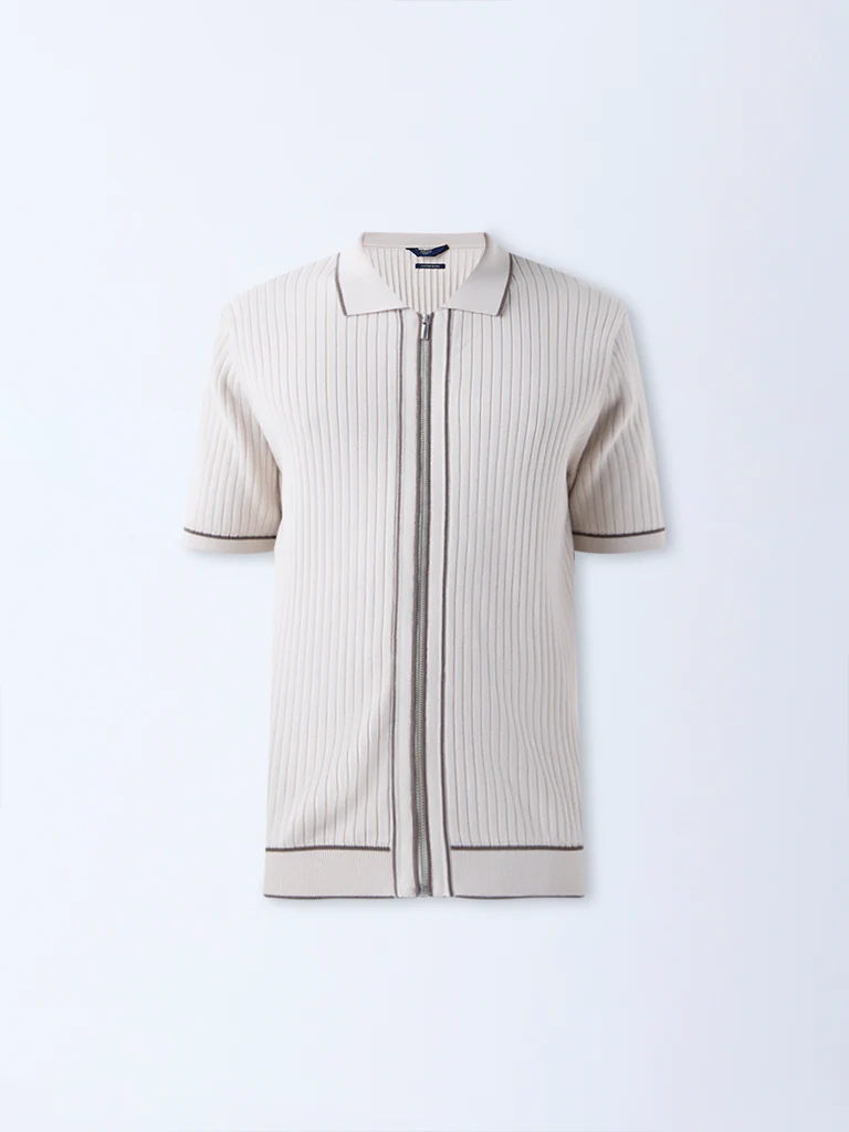 Ascot Beige Self-Stripe Relaxed-Fit Cotton-Blend T-Shirt - Image 6