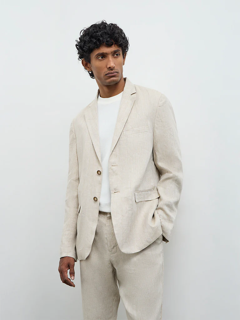 Ascot Beige Solid Relaxed-Fit Linen Blazer