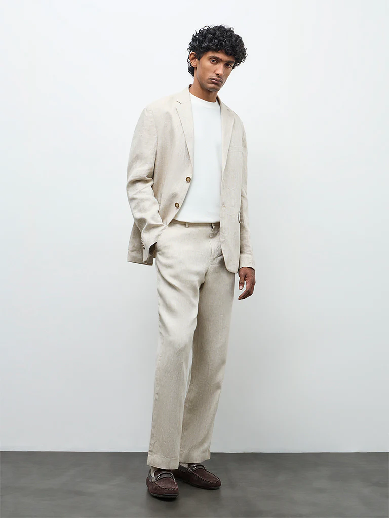 Ascot Beige Solid Relaxed-Fit Linen Blazer - Image 2