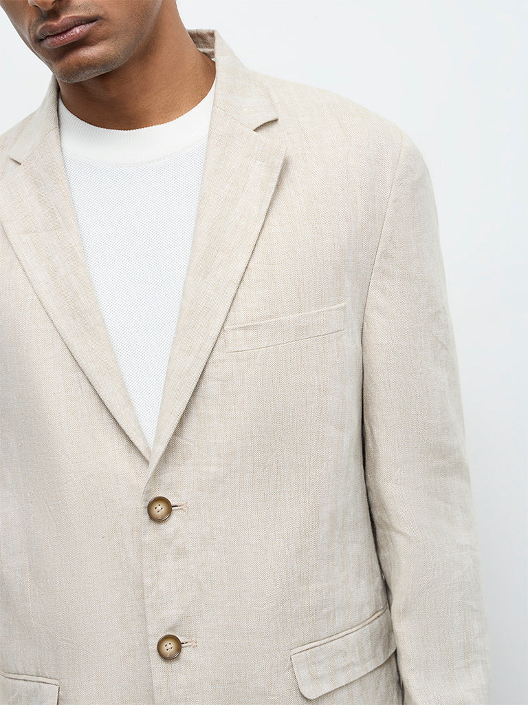 Ascot Beige Solid Relaxed-Fit Linen Blazer - Image 3