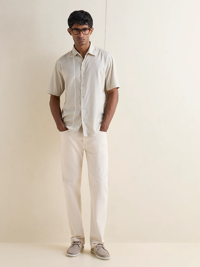 Ascot Beige Striped Relaxed-Fit Cotton-Blend Shirt - Image 2
