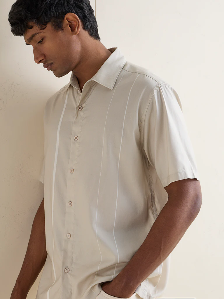 Ascot Beige Striped Relaxed-Fit Cotton-Blend Shirt - Image 3