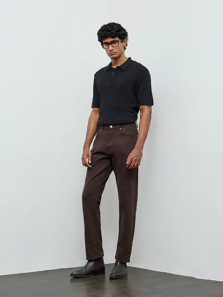 Ascot Black Cable-Knit Relaxed-Fit Cotton Polo T-Shirt - Image 3