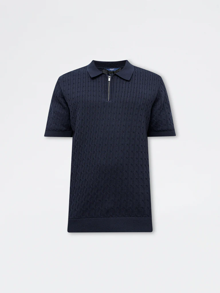 Ascot Black Cable-Knit Relaxed-Fit Cotton Polo T-Shirt - Image 5