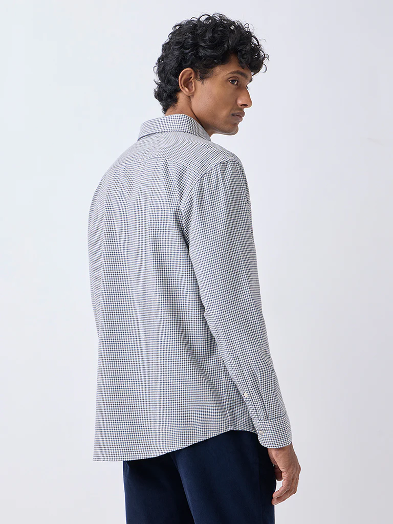 Ascot Blue Houndstooth Checks Relaxed-Fit Cotton Shirt - Image 4
