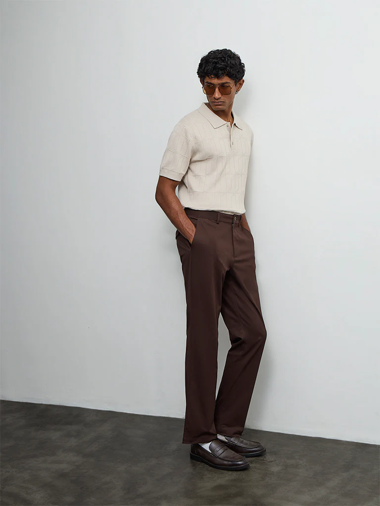 Ascot Brown Relaxed-Fit Mid-Rise Cotton-Blend Trousers