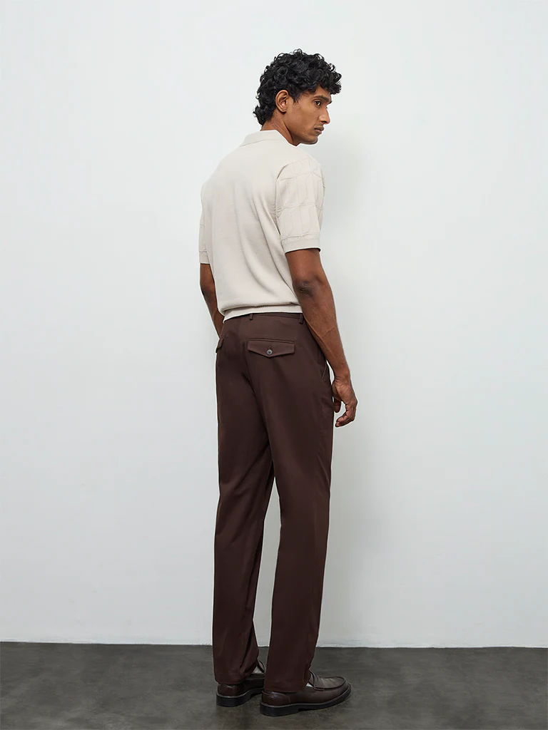 Ascot Brown Relaxed-Fit Mid-Rise Cotton-Blend Trousers - Image 5