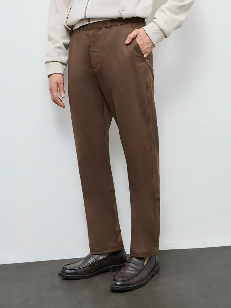 Ascot Brown Relaxed-Fit Mid-Rise Cotton Trousers - Image 3