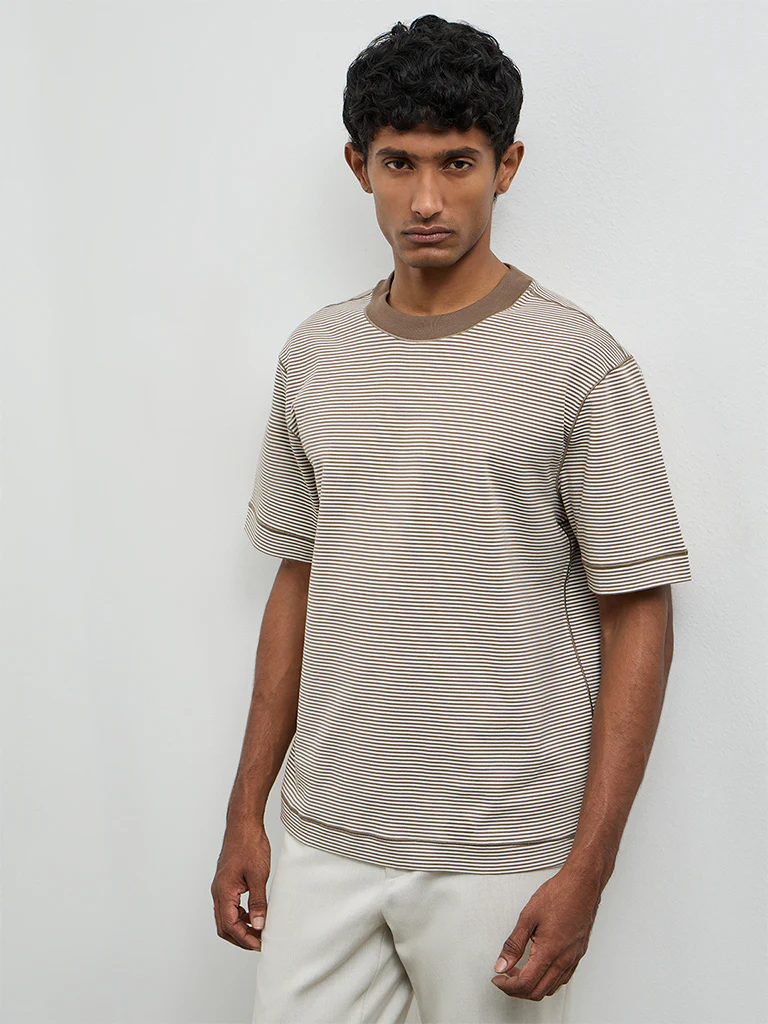 Ascot Brown Striped Relaxed Fit Cotton T-Shirt - Image 3