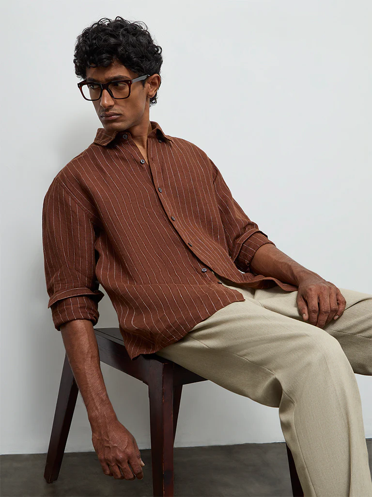 Ascot Brown Striped Relaxed-Fit Linen Shirt