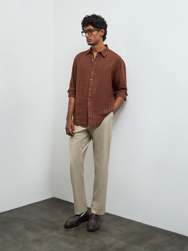 Ascot Brown Striped Relaxed-Fit Linen Shirt - Image 2