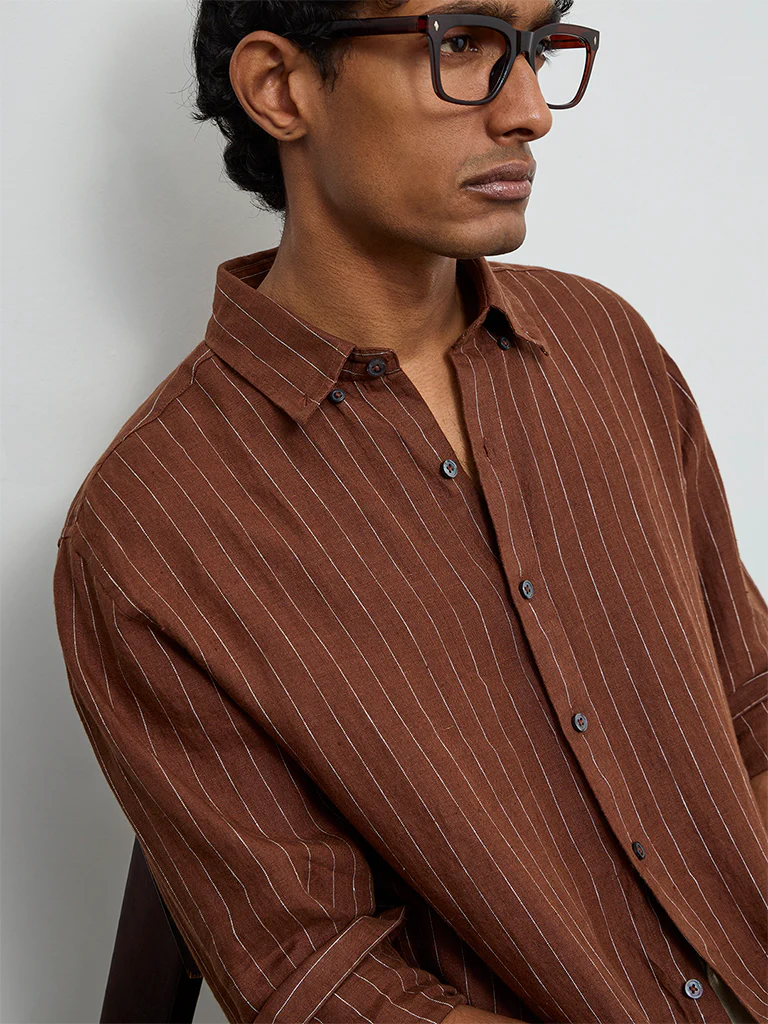 Ascot Brown Striped Relaxed-Fit Linen Shirt - Image 3