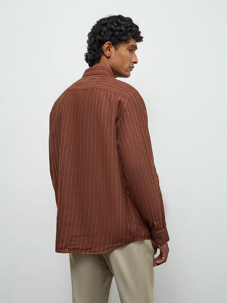 Ascot Brown Striped Relaxed-Fit Linen Shirt - Image 4