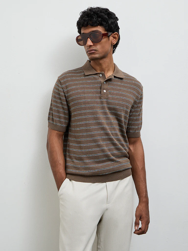 Ascot Brown Striped Relaxed-Fit Polo T-Shirt - Image 3