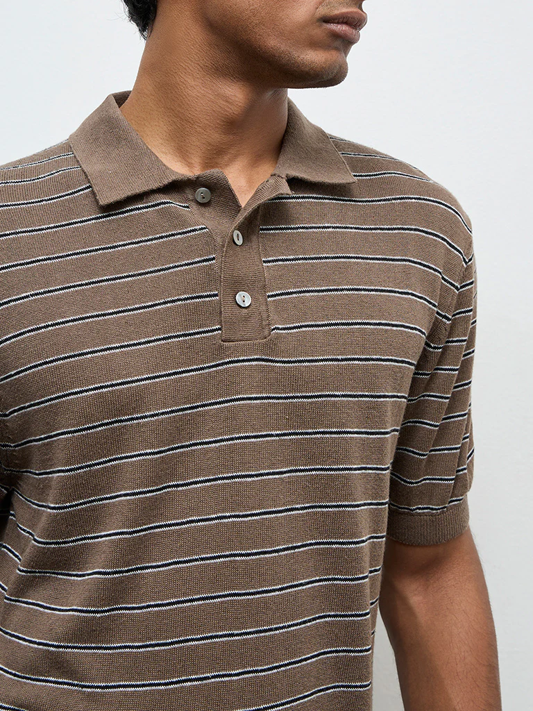 Ascot Brown Striped Relaxed-Fit Polo T-Shirt - Image 4