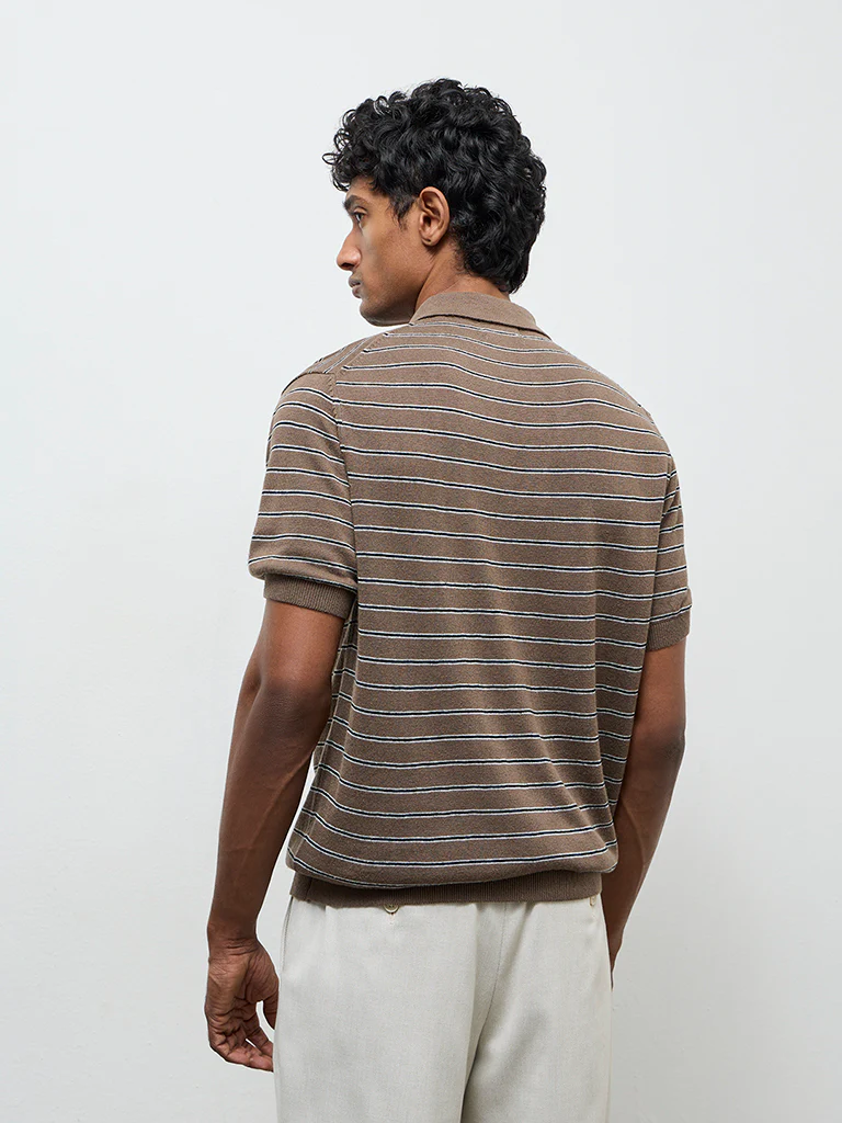 Ascot Brown Striped Relaxed-Fit Polo T-Shirt - Image 5