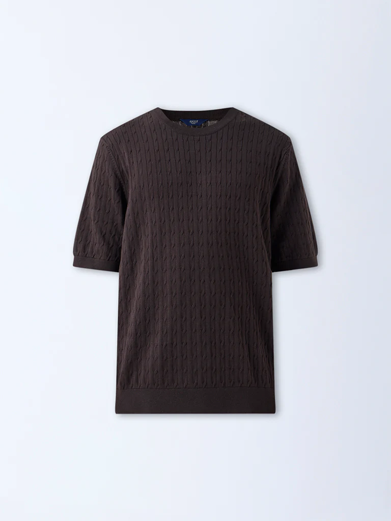 Ascot Dark Brown Cable-Knit Relaxed-Fit Cotton T-Shirt - Image 6