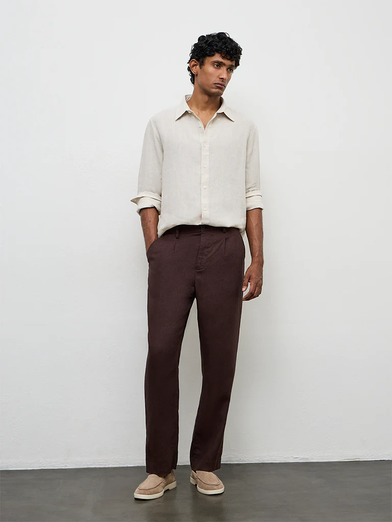 Ascot Dark Brown Mid-Rise Relaxed-Fit Linen Trousers