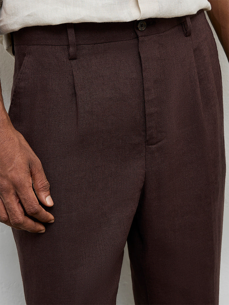 Ascot Dark Brown Mid-Rise Relaxed-Fit Linen Trousers - Image 3