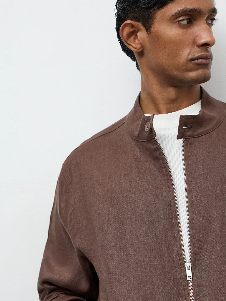 Ascot Dark Brown Relaxed-Fit Linen Jacket - Image 3