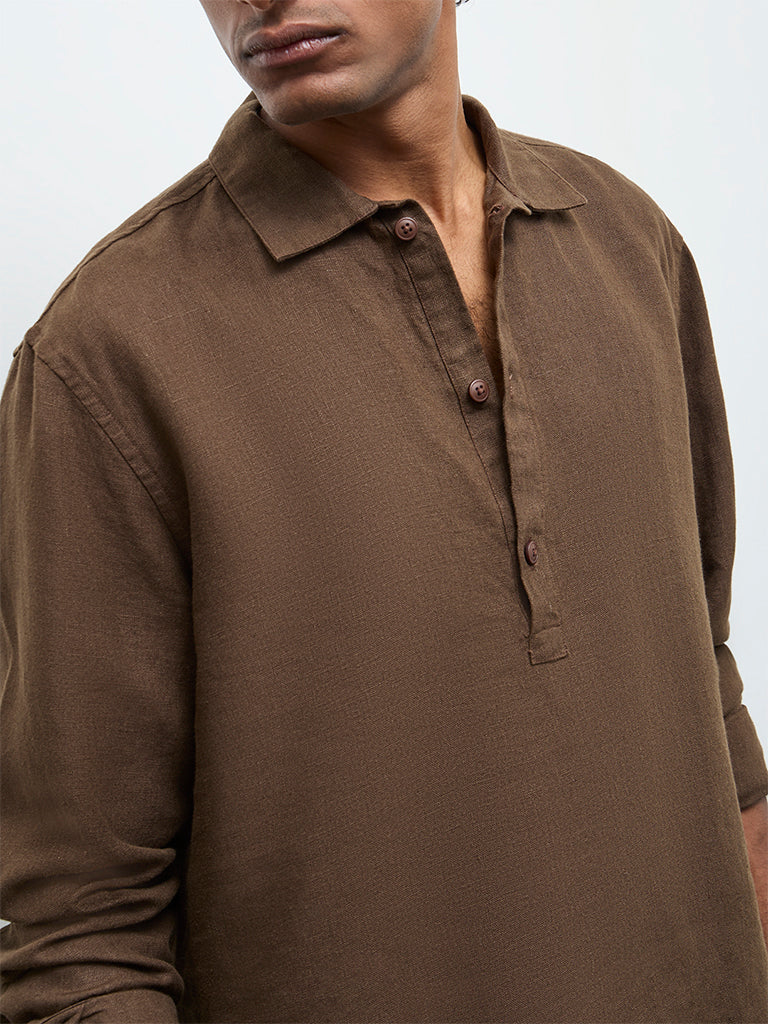 Ascot Dark Brown Relaxed-Fit Linen Shirt - Image 4