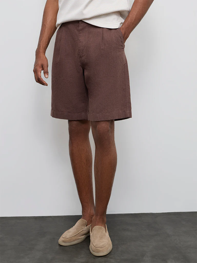 Ascot Dark Brown Relaxed-Fit Mid-Rise Cotton-Blend Shorts - Image 3
