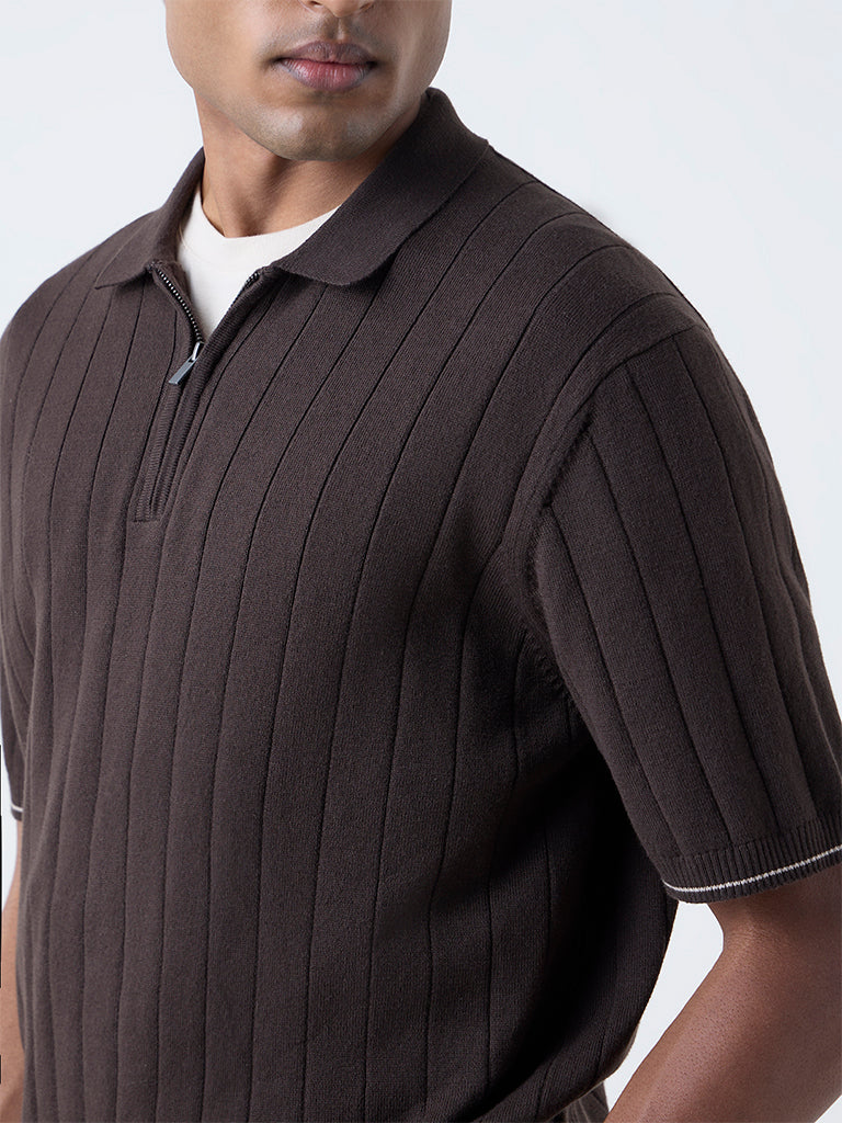 Ascot Dark Brown Relaxed-Fit Quarter-Zip Cotton-Blend Polo T-Shirt - Image 4